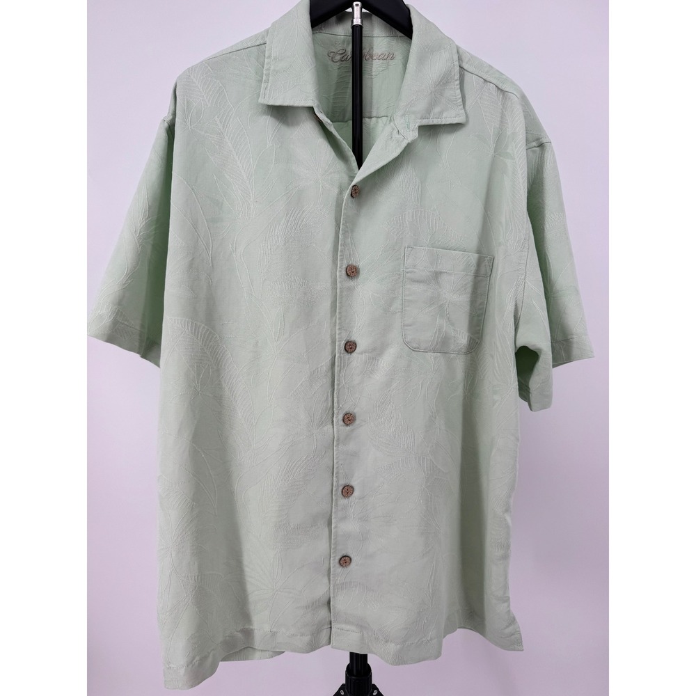 Caribbean Mens XL Sage Green Jacquard Leaf Modal Blend Short Sleeve Camp Shirt